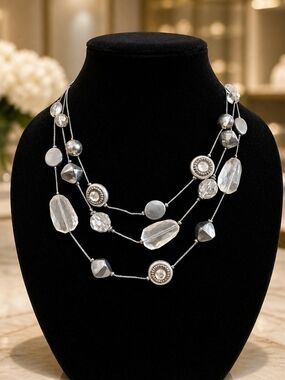 Multi-Strand Silver and Clear Bead Necklace - Elegant